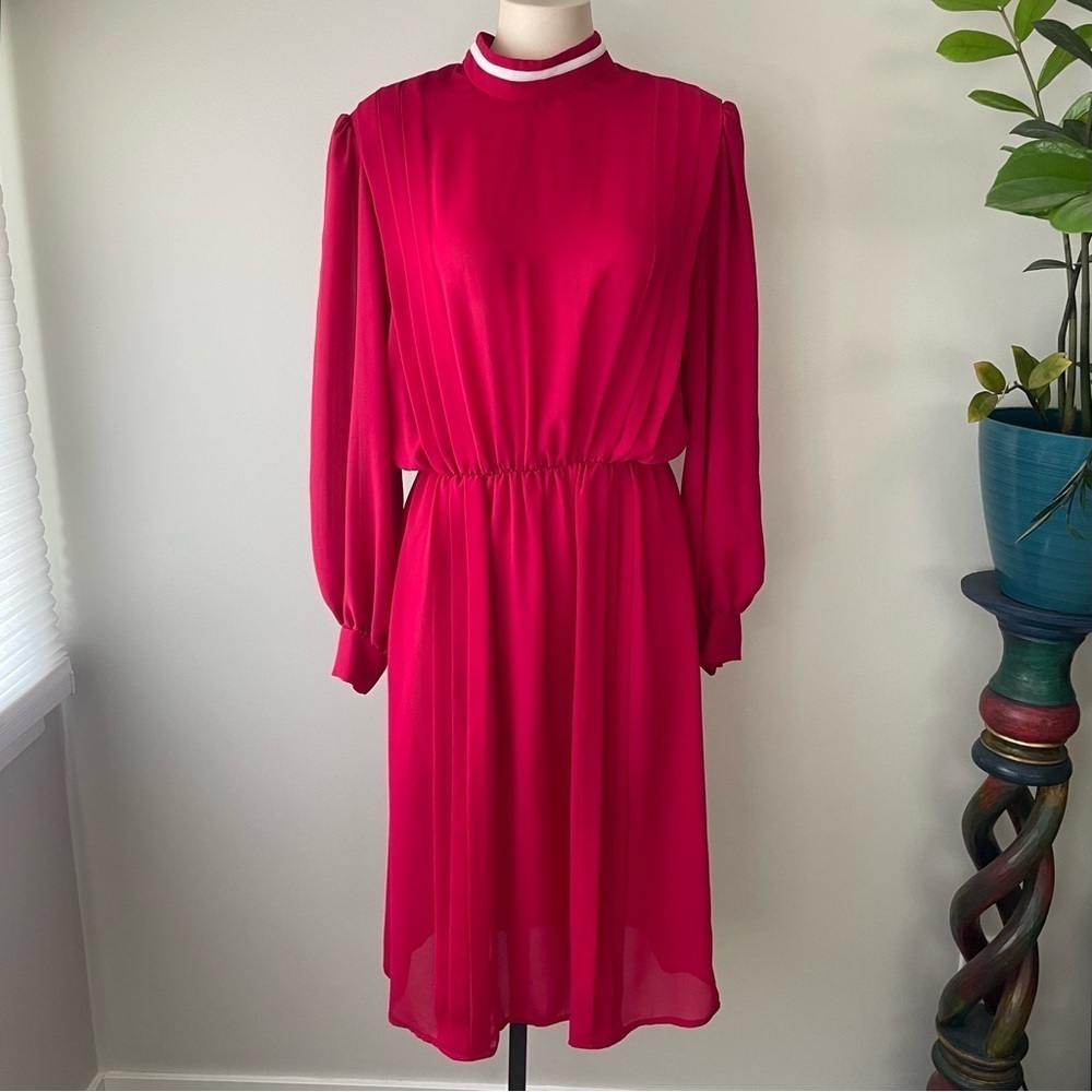 70s Vintage Joyce Palmer Secretary Dress Fuchsia Pink Chiffon Midi Disco